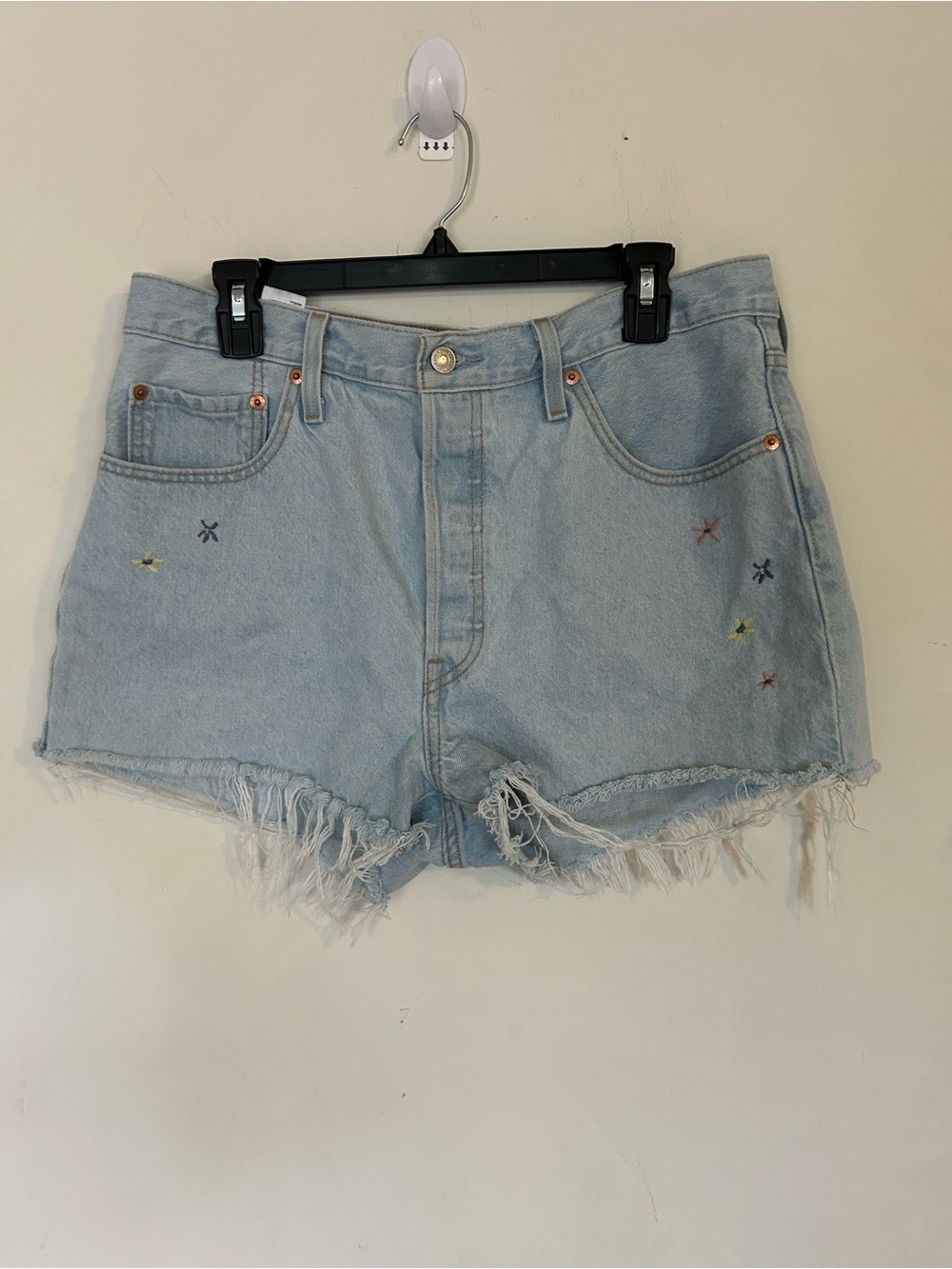 Levi's 501 Size 33 Button Fly Embroidered Distressed Denim Shorts